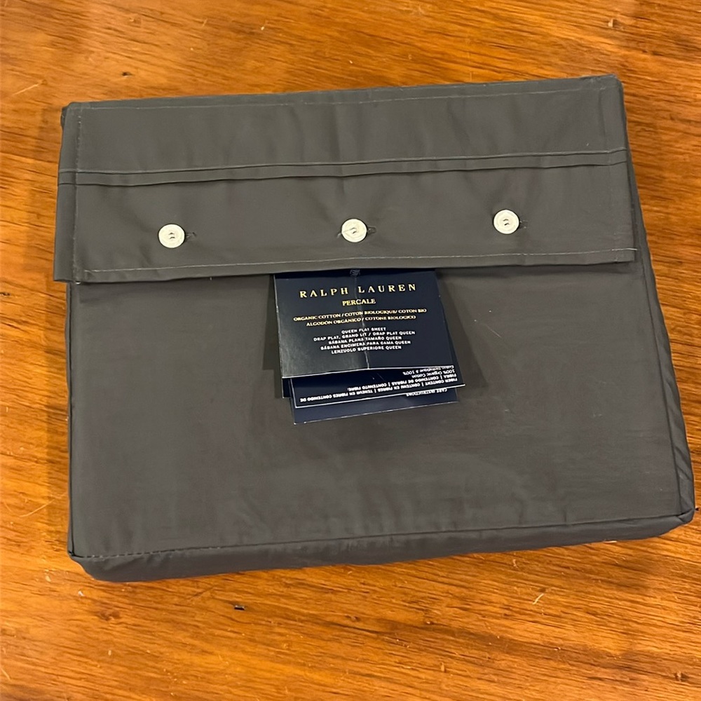 Ralph Lauren Percale Queen Flat Sheet Grey Organic Cotton 464 Thread Count new